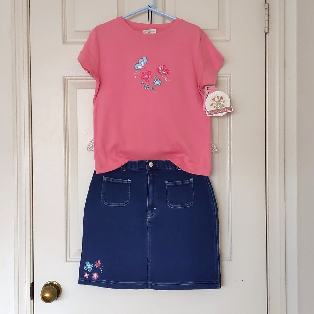 NWT. Top and Denim Skirt Set with multi color embroidered flowers & butterflies.